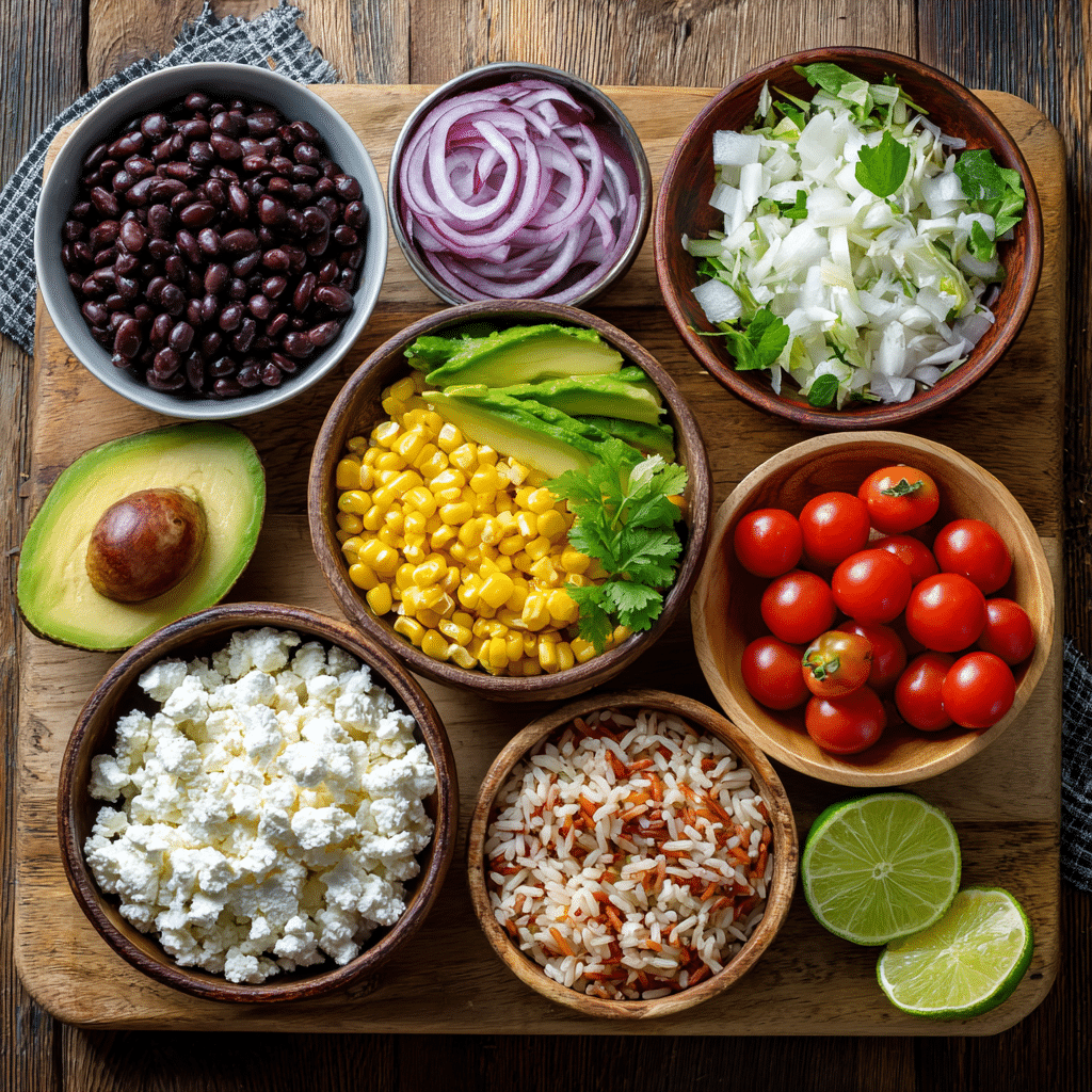 High Protein Taco Bowl Cottage Cheese – Easy, Healthy Lunch Idea 5 Ingredients for high protein taco bowl cottage cheese laid out on board