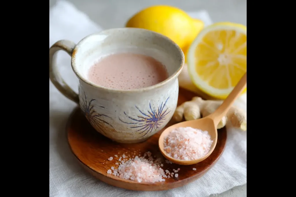 Japanese Pink Salt Recipe: Delicious and Easy to Make at Home 7 Ceramic mug of pink salt drink with lemon, ginger, and Himalayan pink salt on wooden plate