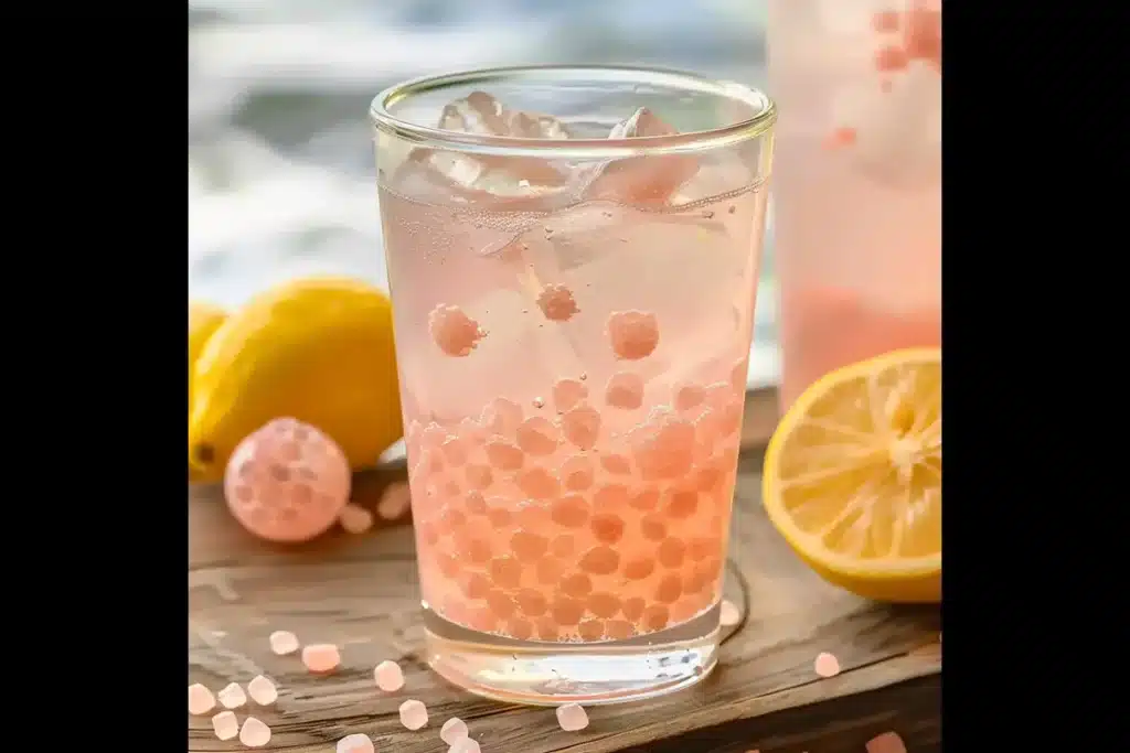 Japanese Pink Salt Recipe: Delicious and Easy to Make at Home 9 Chilled pink lemonade boba drink with ice cubes, fresh lemon, and chewy pink pearls on a rustic wooden table.